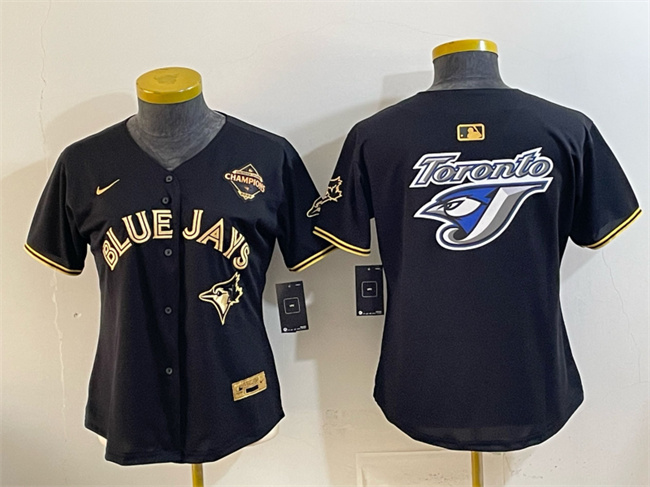 Women's Toronto Blue Jays Team Big Logo Black Gold 2025 American League Champions Limited Stitched Baseball Jersey(Run Small) Women's Toronto Blue Jays Team Big Logo Black Gold 2025 American League Champions Limited Stitched Baseball Jersey(Run Small)